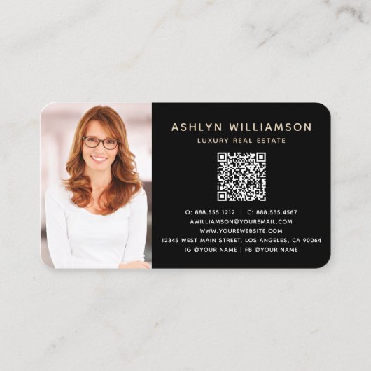 Gold Black Realtor Foto QR Code Broker Agent Bold Visitekaartje (Achterkant)