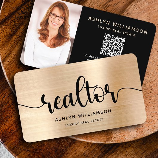 Gold Black Realtor Foto QR Code Broker Agent Bold Visitekaartje