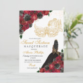 Gold Black Red Roses Masquerade Sweet 16 Kaart (Staand voorkant)