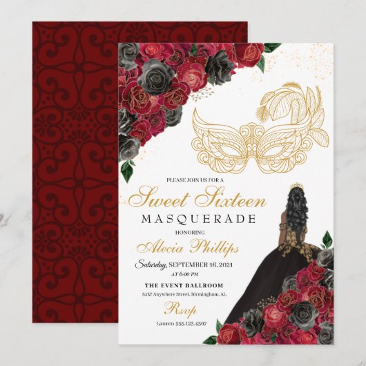 Gold Black Red Roses Masquerade Sweet 16 Kaart (Voorkant / Achterkant)
