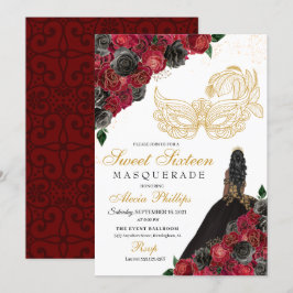 Gold Black Red Roses Masquerade Sweet 16 Kaart