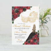 Gold Black Red Roses Masquerade Sweet 16 Kaart (Staand voorkant)