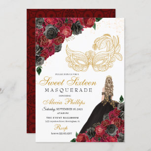 Gold Black Red Roses Masquerade Sweet 16 Kaart