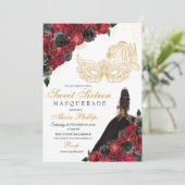 Gold Black Red Roses Masquerade Sweet 16 Kaart (Staand voorkant)