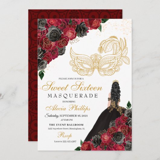 Gold Black Red Roses Masquerade Sweet 16 Kaart (Voorkant / Achterkant)