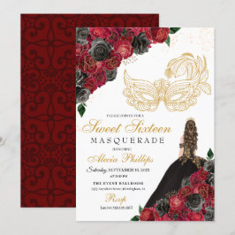 Gold Black Red Roses Masquerade Sweet 16 Kaart