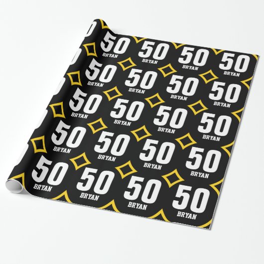 GOLD BLACK Retro 50th Birthday Custom Name D05 Cadeaupapier (Uitgerold)