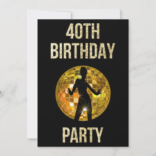 Gold & Black Retro Disco Glitter Ball 40th Party Kaart (Voorkant)