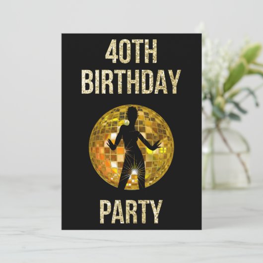 Gold & Black Retro Disco Glitter Ball 40th Party Kaart (Staand voorkant)