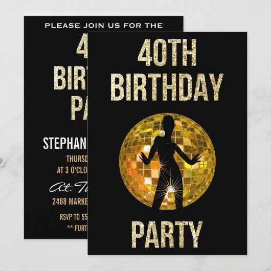 Gold & Black Retro Disco Glitter Ball 40th Party Kaart (Voorkant / Achterkant)