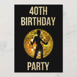Gold & Black Retro Disco Glitter Ball 40th Party Kaart