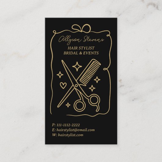 Gold Black Retro Doodles Hair Stylist QR Code Visitekaartje (Voorkant)