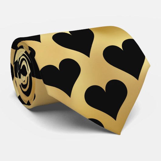 Gold Black Romantic Hearts Pattern Stropdas (Opgerold)