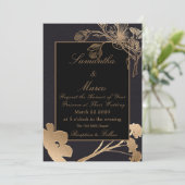 Gold & Black Roos & Buds Flowery Wedding Kaart (Staand voorkant)