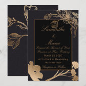 Gold & Black Roos & Buds Flowery Wedding Kaart (Voorkant / Achterkant)