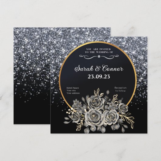 Gold Black Roos Silver Glitter Weddenschap Kaart (Voorkant / Achterkant)