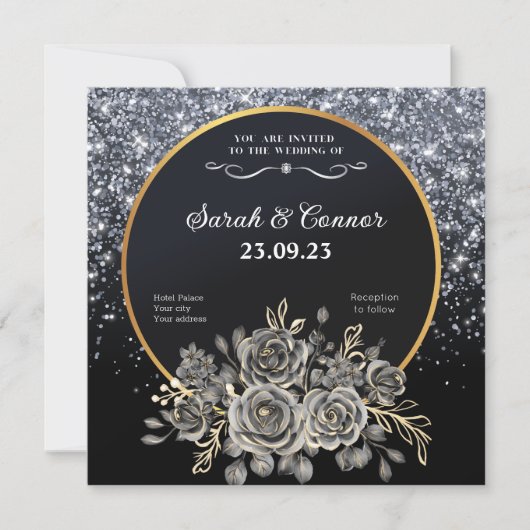 Gold Black Roos Silver Glitter Weddenschap Kaart (Voorkant)