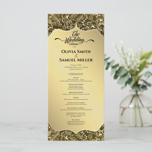 Gold Black Royal Damask Wedding Program Programmakaart (Staand voorkant)