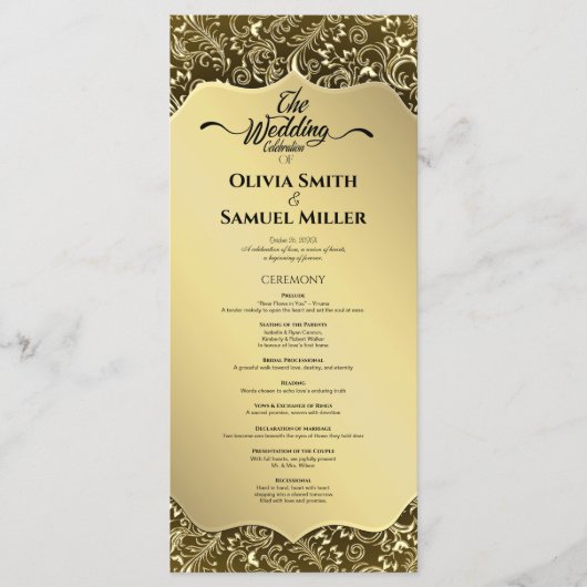 Gold Black Royal Damask Wedding Program Programmakaart (Voorkant)