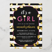 Gold Black Roze Het is een meisjesvoetafdruk Folie Uitnodiging (Voorkant)