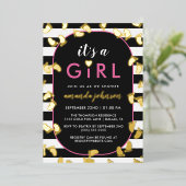 Gold Black Roze Het is een meisjesvoetafdruk Folie Uitnodiging (Staand Voorkant)