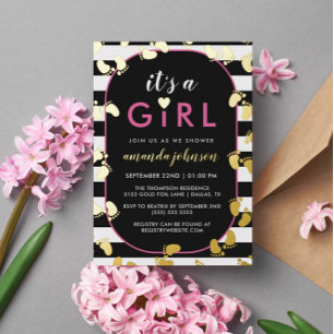 Gold Black Roze Het is een meisjesvoetafdruk Folie Uitnodiging