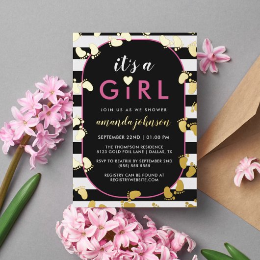 Gold Black Roze Het is een meisjesvoetafdruk Folie Uitnodiging