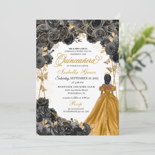 Gold Black Rozen Butterfly Glitter Quinceañera Kaart (Staand voorkant)