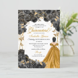 Gold Black Rozen Butterfly Glitter Quinceañera Kaart