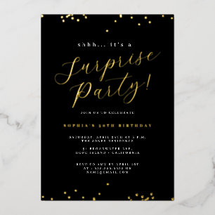 Gold Black Script Confetti Surprise Party Folie Uitnodiging