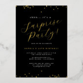 Gold Black Script Confetti Surprise Party Folie Uitnodiging (Voorkant)