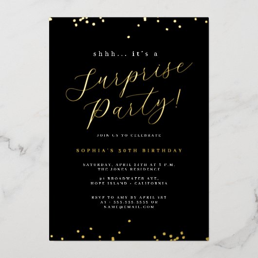 Gold Black Script Confetti Surprise Party Folie Uitnodiging (Voorkant)
