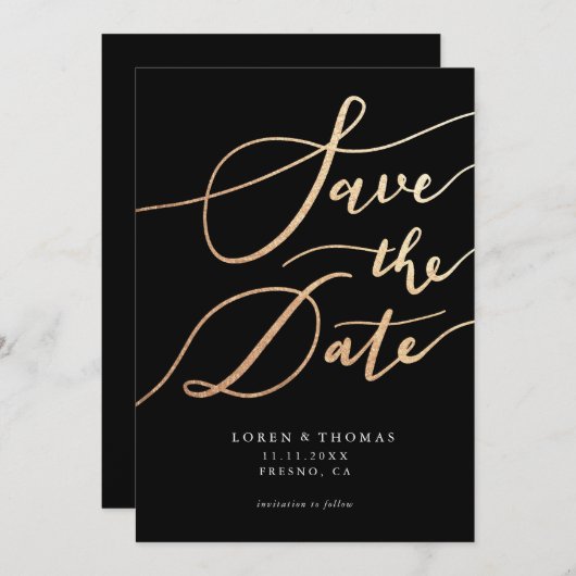 Gold Black Script Typografie bewaart de datum Save The Date (Voorkant / Achterkant)