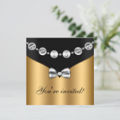 Gold Black Silver Bowed Charm Sweet Sixteen Invite Kaart (Staand voorkant)