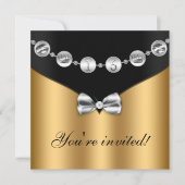 Gold Black Silver Bowed Charm Sweet Sixteen Invite Kaart (Voorkant)