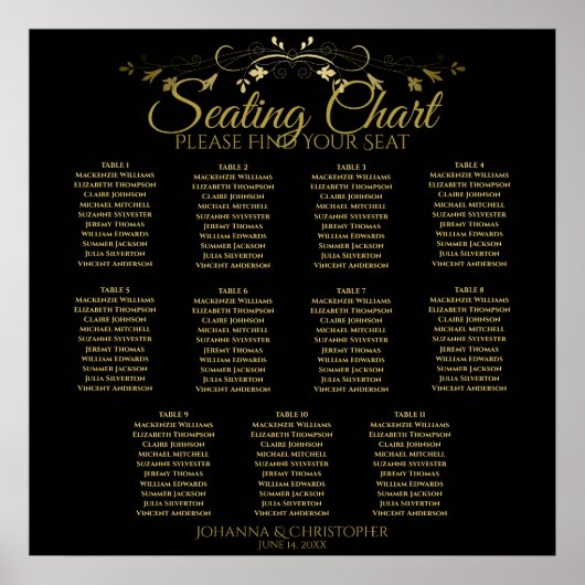Gold & Black Simple 11 Table Wedding Seating Chart Poster (Voorkant)