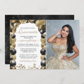 Gold Black Sparkle Quinceanera-ballon Uitnodigen f Kaart (Voorkant / Achterkant)
