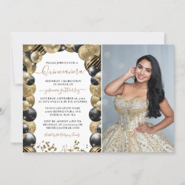 Gold Black Sparkle Quinceanera-ballon Uitnodigen f Kaart