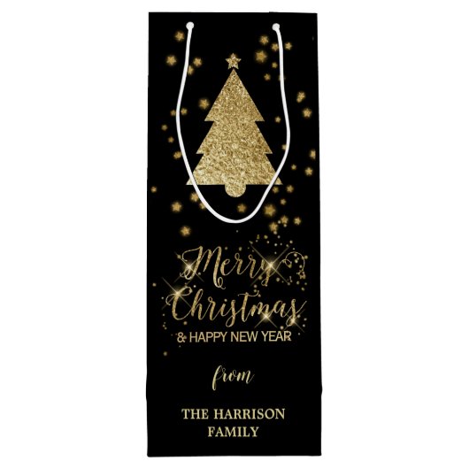 Gold Black Sparkles Merry-kerstboom Wijn Cadeautas (Achterkant)