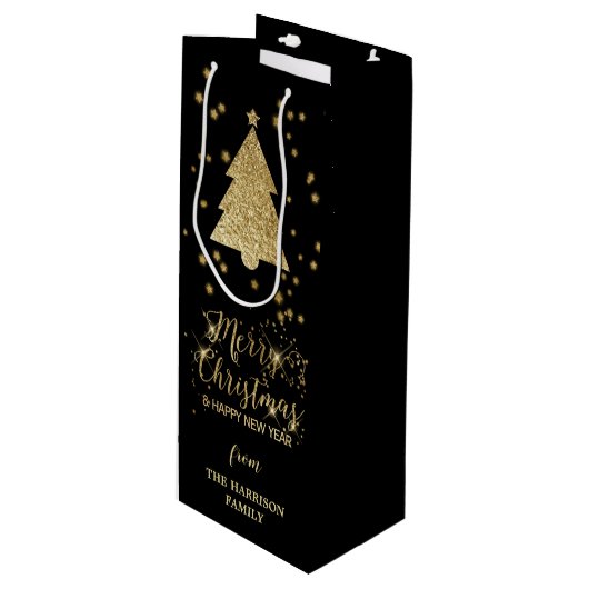 Gold Black Sparkles Merry-kerstboom Wijn Cadeautas (Voorkant Gekanteld)