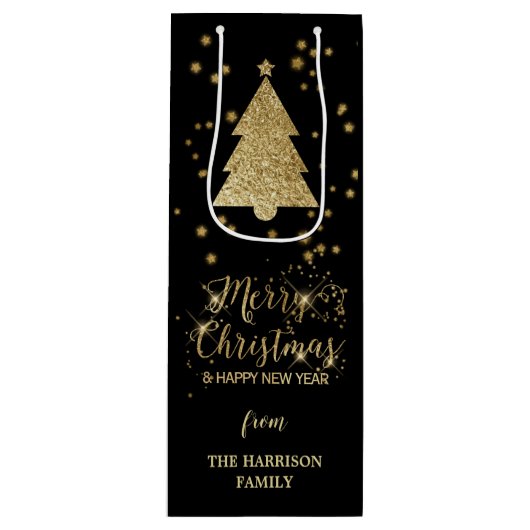Gold Black Sparkles Merry-kerstboom Wijn Cadeautas (Voorkant)