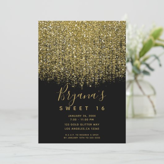 Gold & Black Sparkly Glitter Sweet 16-partij Kaart (Staand voorkant)
