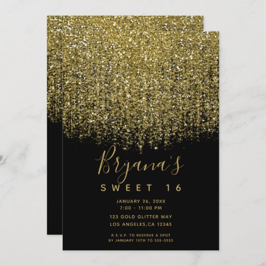 Gold & Black Sparkly Glitter Sweet 16-partij Kaart (Voorkant / Achterkant)