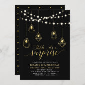 Gold & Black String Lights Surprise Birthday Party Kaart (Voorkant / Achterkant)