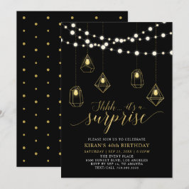 Gold & Black String Lights Surprise Birthday Party Kaart