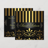 Gold/Black Stripe & Swirl Sweet 16 Uitnodiging (Voorkant / Achterkant)
