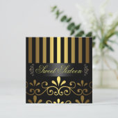 Gold/Black Stripe & Swirl Sweet 16 Uitnodiging (Staand voorkant)