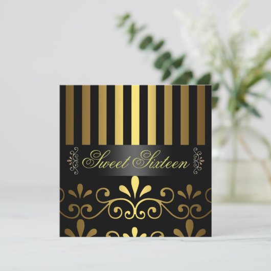 Gold/Black Stripe & Swirl Sweet 16 Uitnodiging (Staand voorkant)