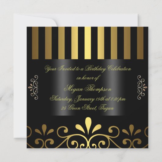 Gold/Black Stripe & Swirl Sweet 16 Uitnodiging (Achterkant)