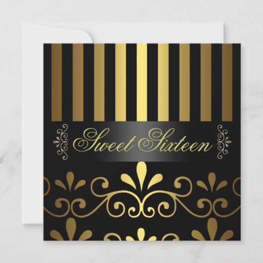 Gold/Black Stripe & Swirl Sweet 16 Uitnodiging (Voorkant)